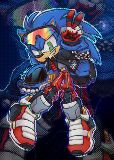 sonic fashion series 1/3! i came up with original outfits of specific aesthetics for the 3 main hedgehogs. for sonic specifically, the jacket is from boxlunch and the rest is racing gear i designed.