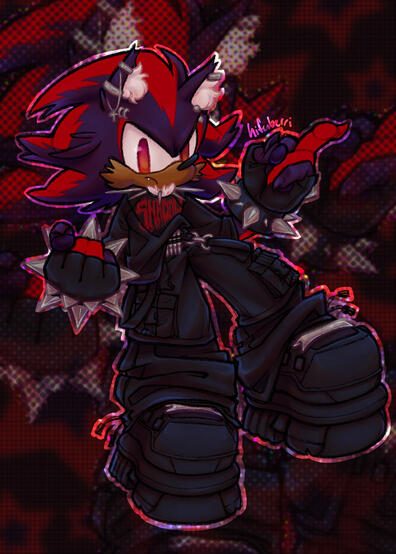sonic fashion series 2/3! i came up with original outfits of specific aesthetics for the 3 main hedgehogs. for shadow, i went for a grungey, punk, emo look with lots of silver accessories.