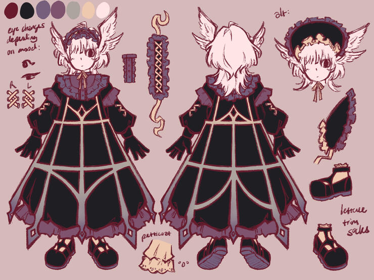 character reference sheet for my sona. unnamed at this point. mysterious white shapeshifting creature with a fondness for gothic aesthetic.